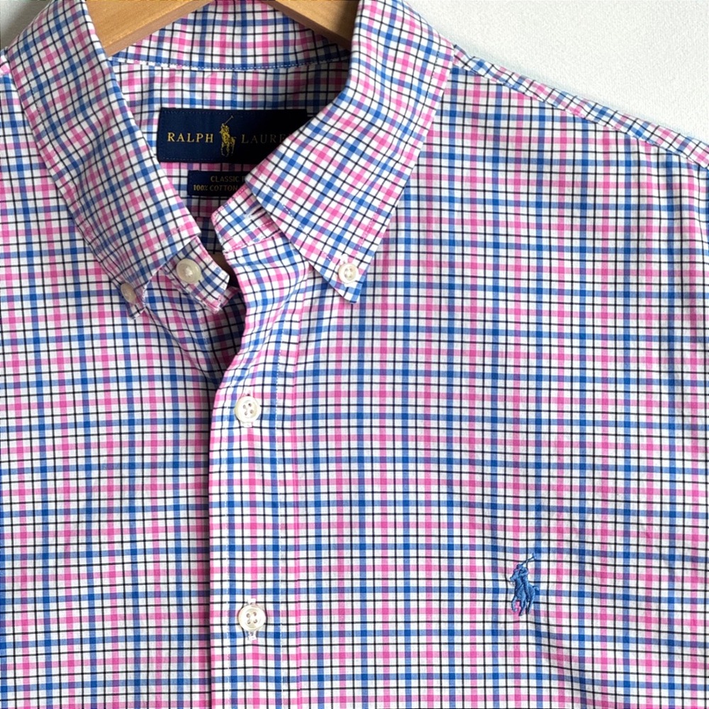 Ralph Lauren Large Classic Fit Pink Blue Plaid Short Sleeve Button Down Shirt